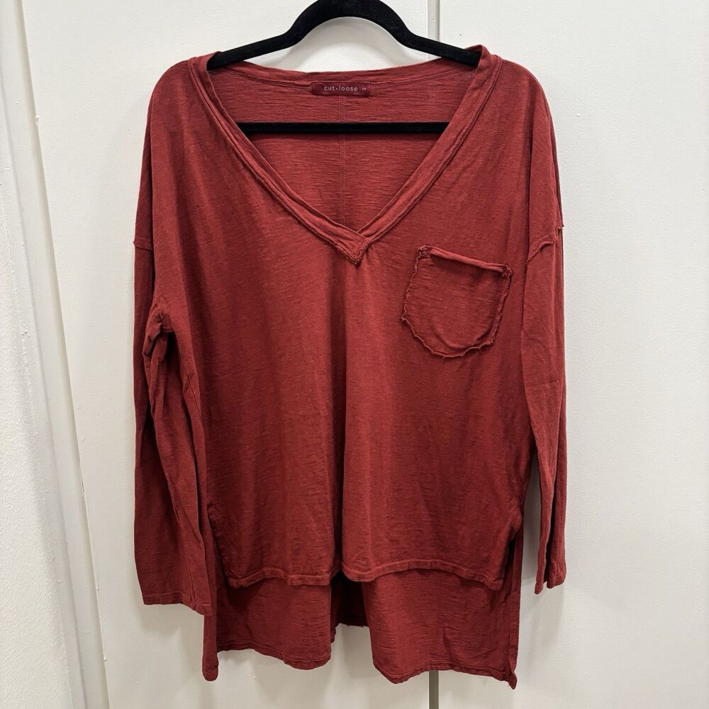 Cut Loose Women’s Sz Small Brick Red Linen Cotton Blend Jersey Deep V-neck Top